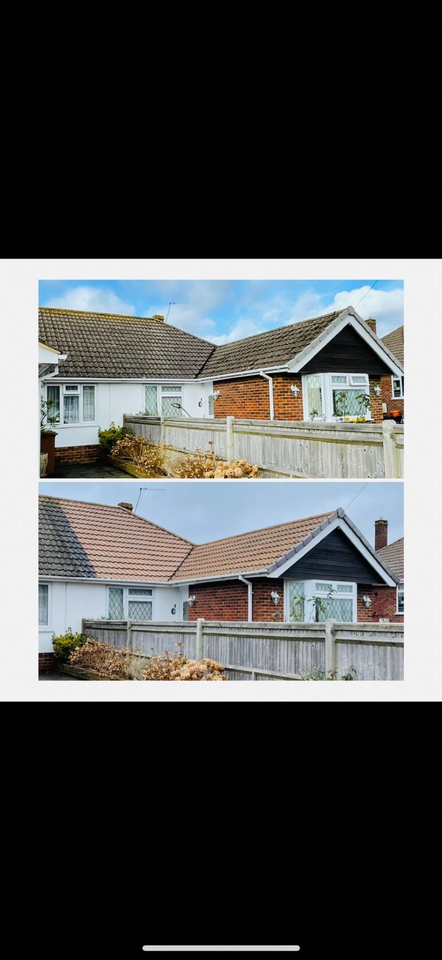 Before and after roof clean on a Surrey bungalow with new ridge tiles