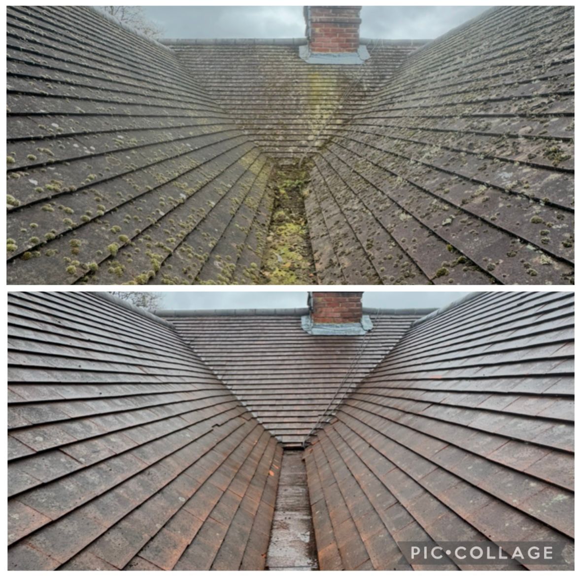 Before and after valley clear-out and re-tile between two pitched roofs
