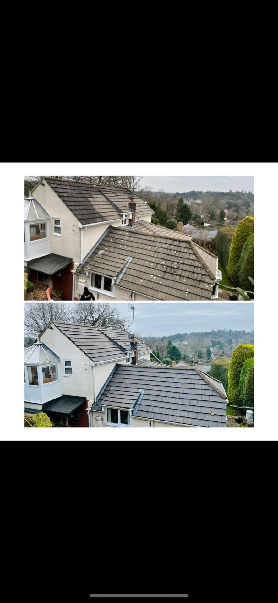 Before and after roof clean and re-tile on a hillside home in West Sussex