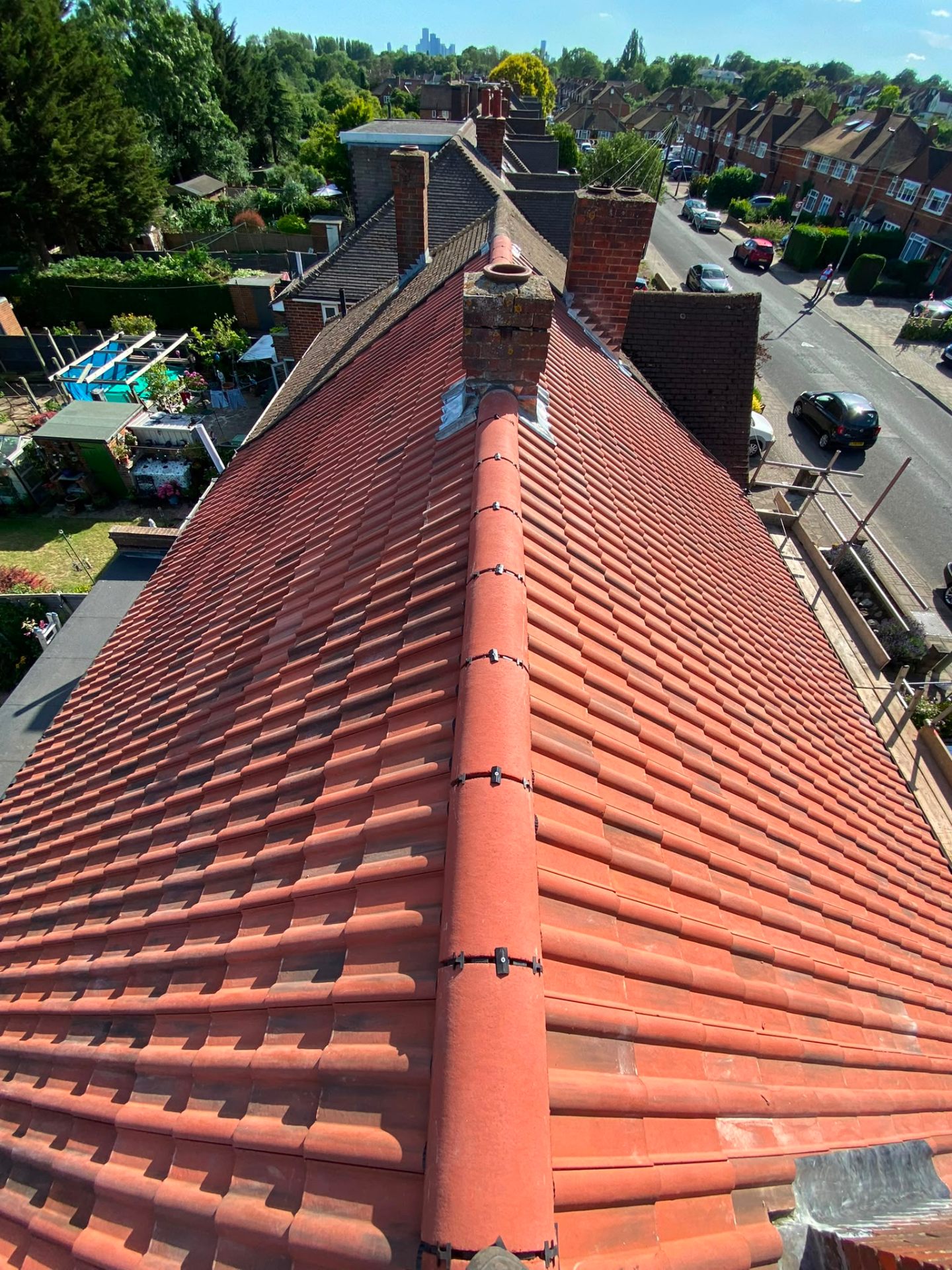 Completed new pitched tile roof — ridge view