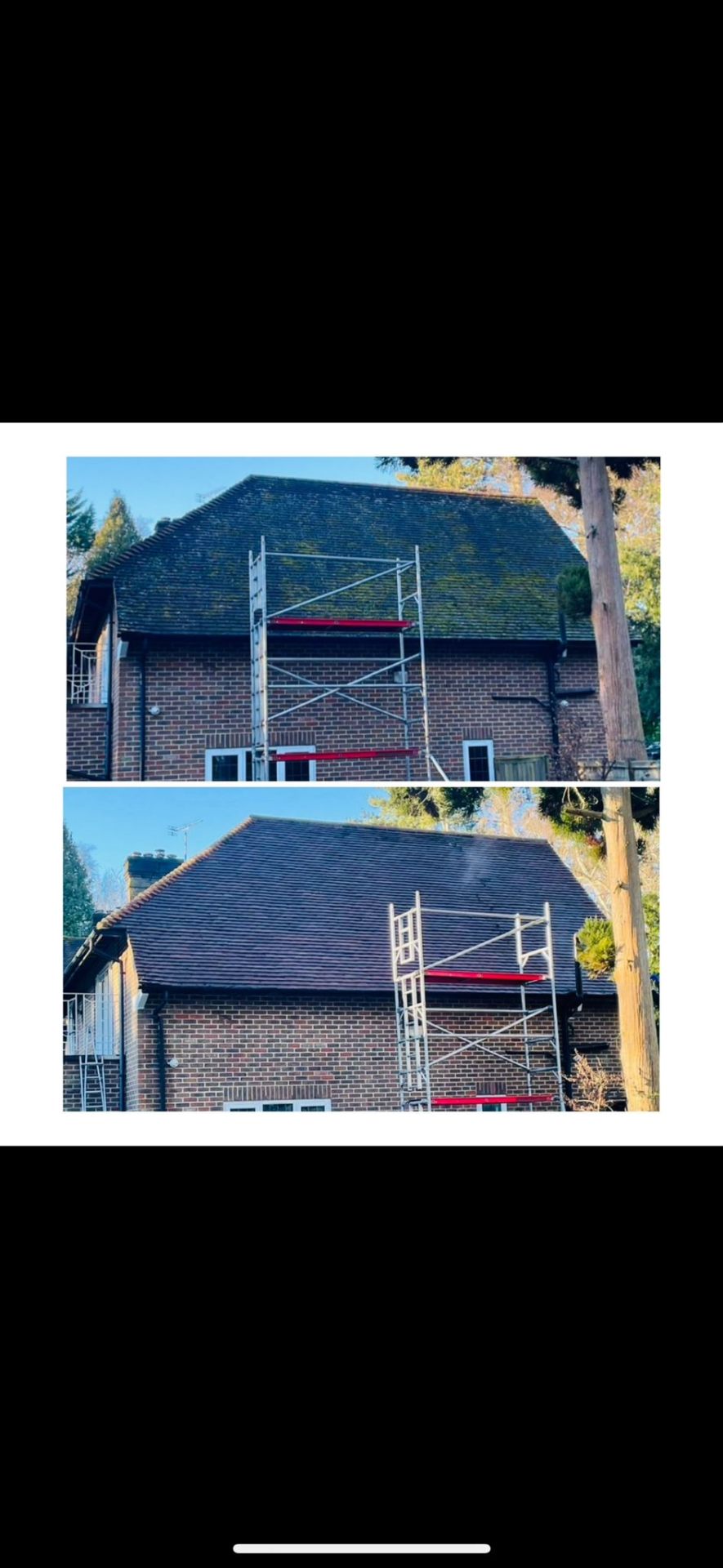 Before and after moss removal and biocide treatment on a large pitched roof