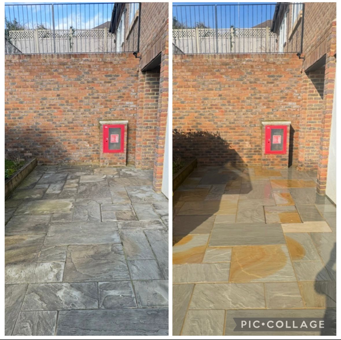 Before and after sandstone paving clean in a rear courtyard