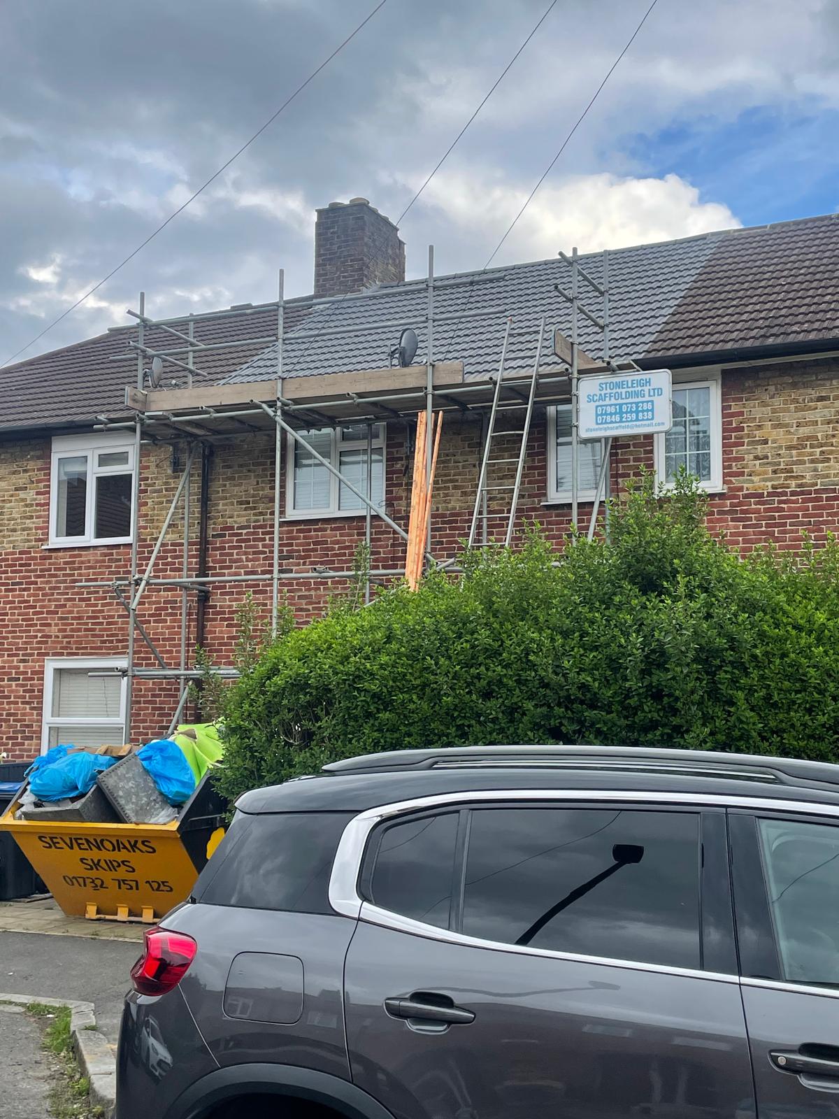Scaffold and skip set up ready for a full re-roof project