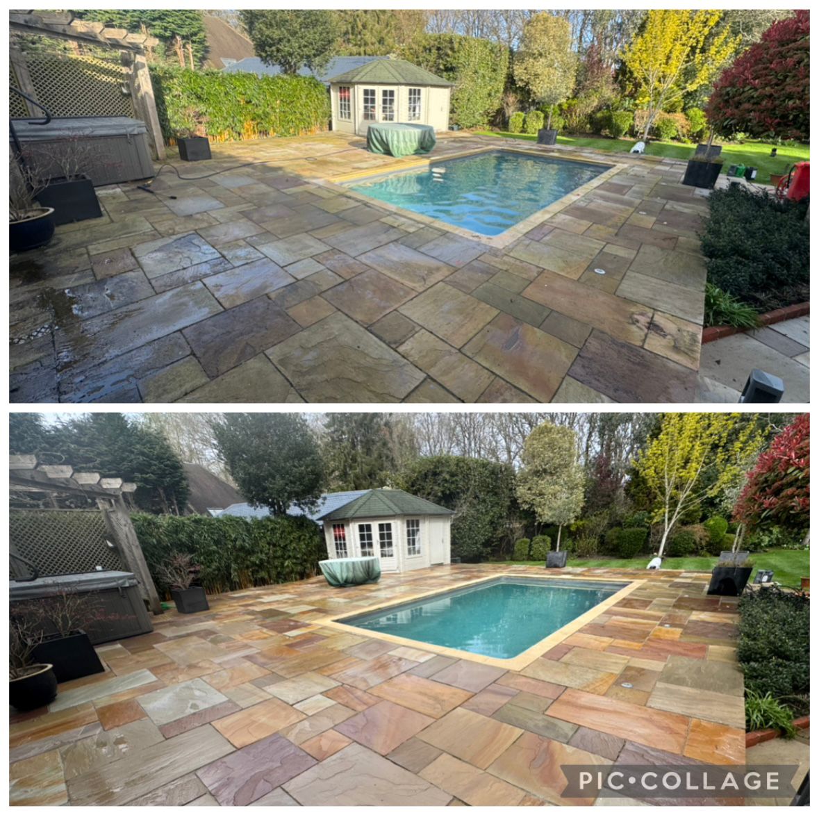 Before and after Indian sandstone patio clean around a swimming pool