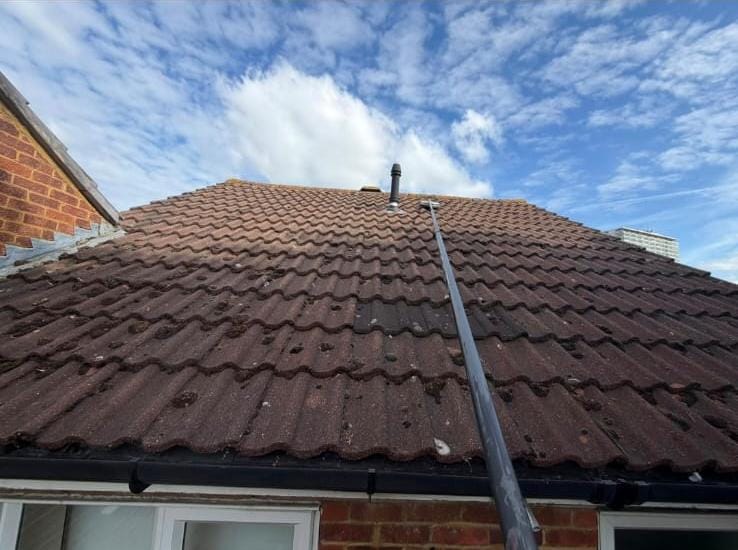 Long-reach roof cleaning lance on a concrete tile roof