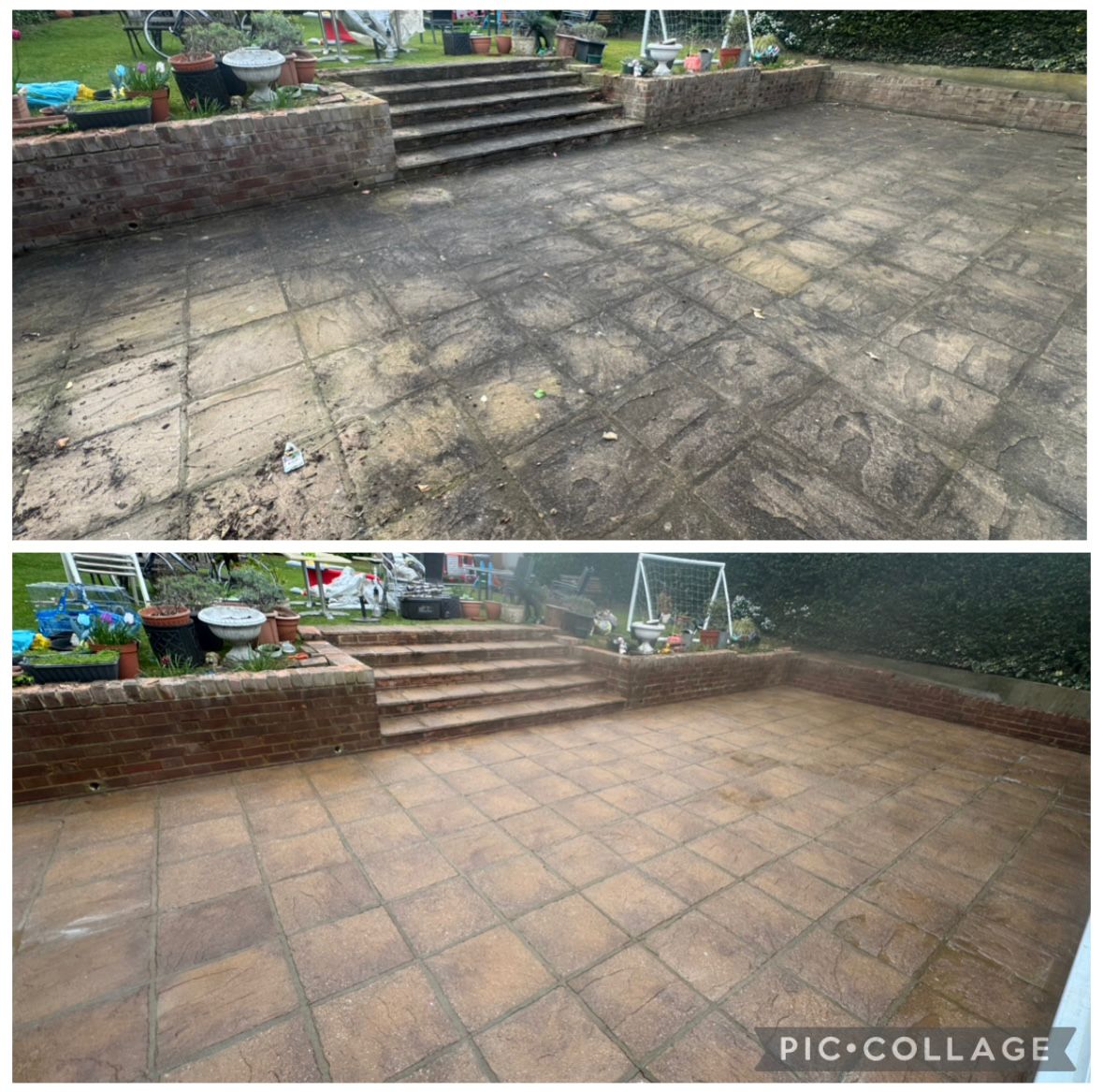 Before and after garden patio clean — sandstone paving restored