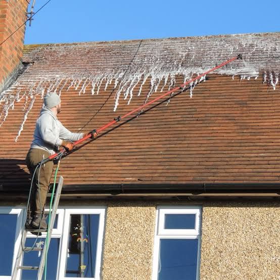 Roof cleaning and moss treatment with long-reach lance