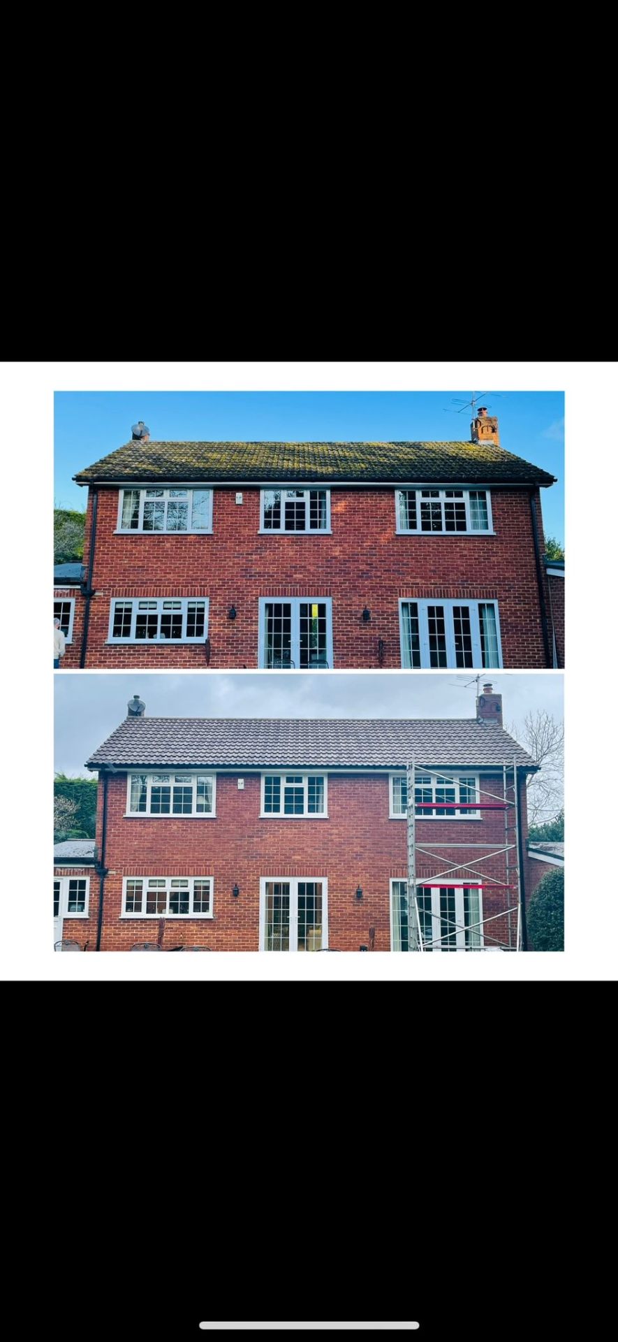 Before and after roof clean and moss removal on a detached red-brick home