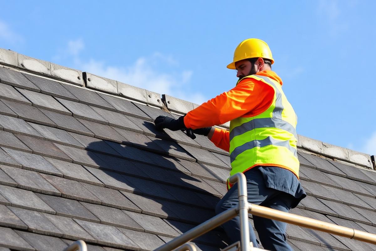 Roofer replacing slate tiles